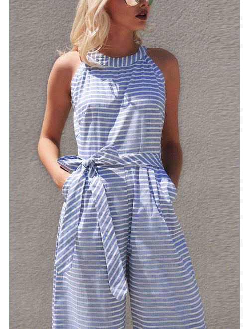 Stylish one-piece women's striped jumpsuit, designed with a wrap neck and elegant wide leg silhouette.