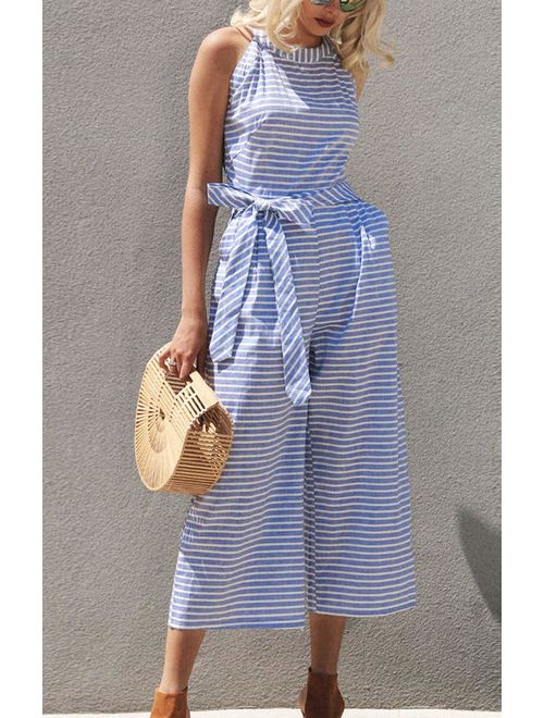 Lightweight women's striped summer jumpsuit, featuring a wrap neck and breezy wide leg for comfort.