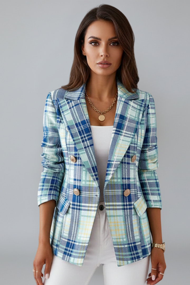 Fashionable women's structured blazer with elegant lapels, perfect for professional, stylish layering.