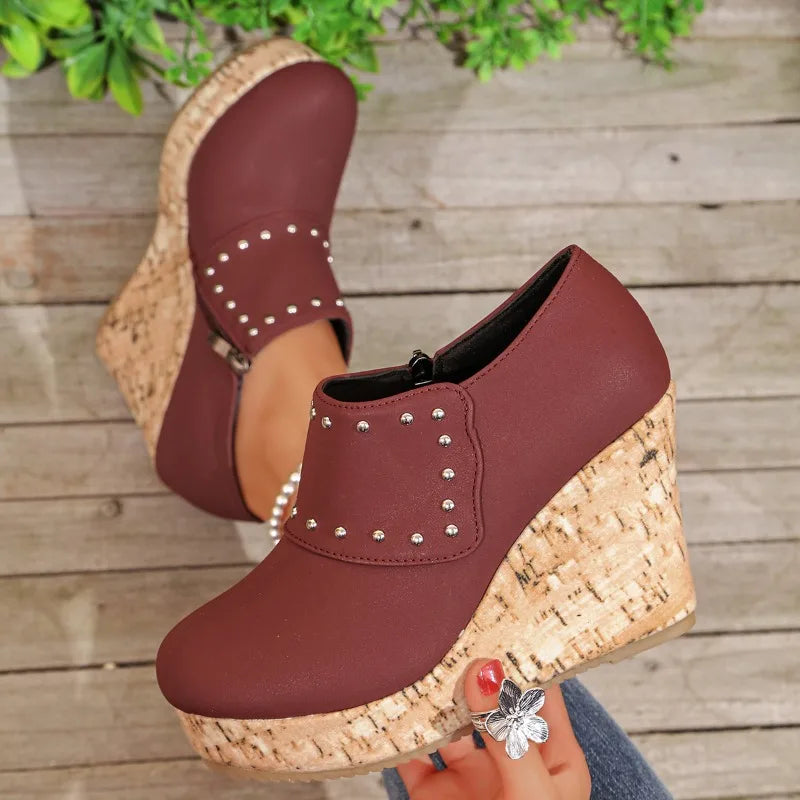 Front view of Women's Studded Leather Wedge Sandals, showing toe strap and studded embellishments