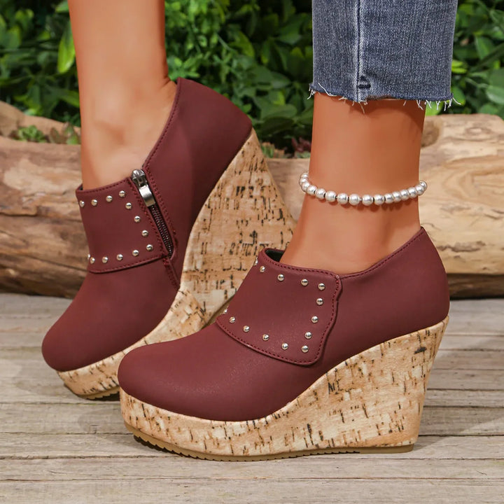 Chic Women's Studded Cork Wedge Sandals, blending style and comfort for everyday wear