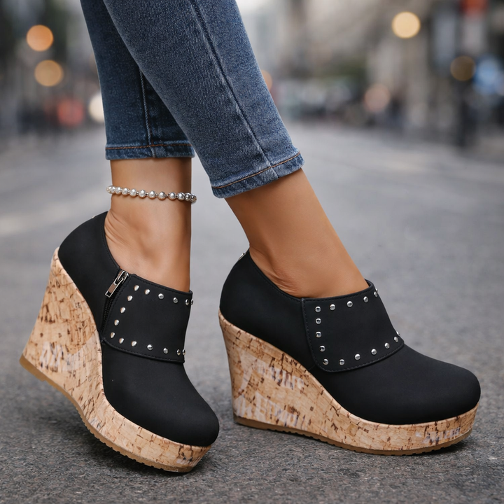 Close-up of studded detail on Women's Cork Wedge Sandals, showcasing metallic accents
