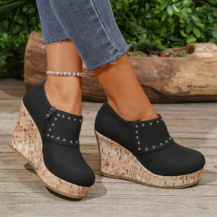 Stylish Women's Leather Studded Wedge Sandals, ideal for dressy or casual summer outfits
