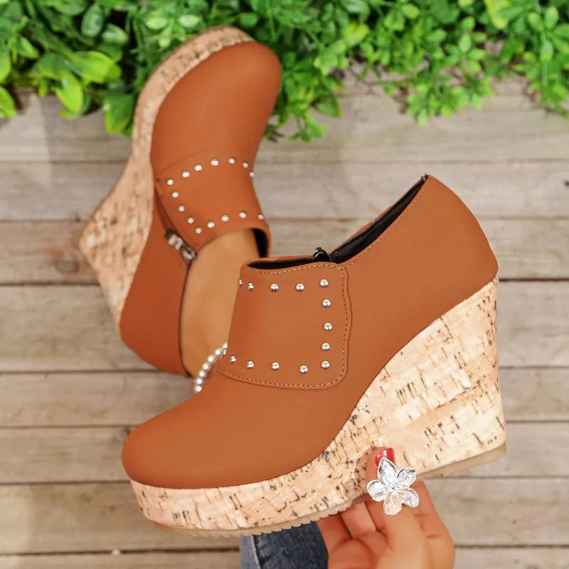 Women's Studded Cork Wedge Sandals on a model, demonstrating their flattering fit and style