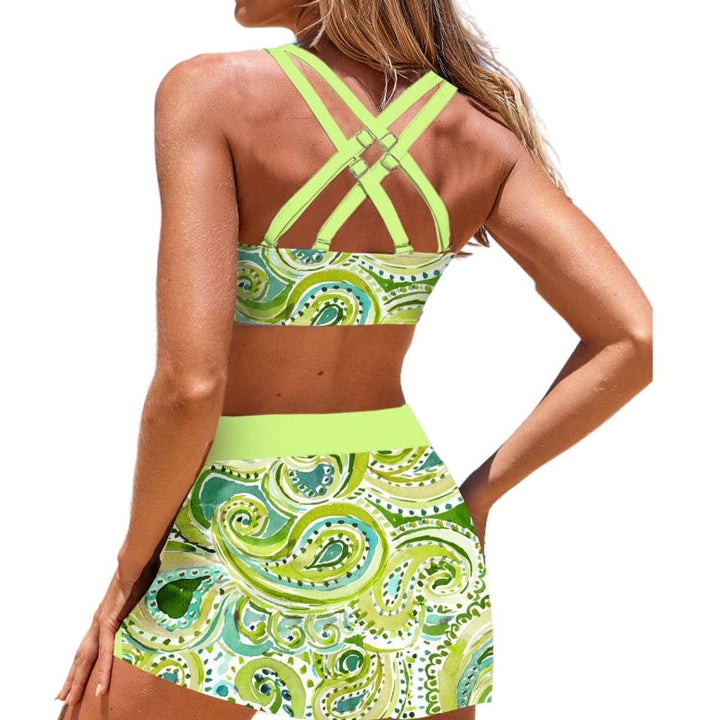 Fashionable women's bikini set featuring a comfortable top, bottoms, and a chic swim skirt.