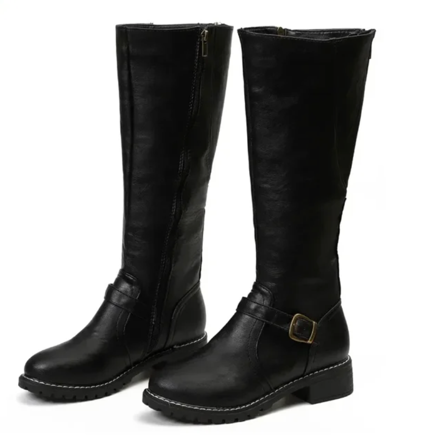 Stylish women's knee-high leather boots featuring a side zipper, perfect for easy wear and elegance.
