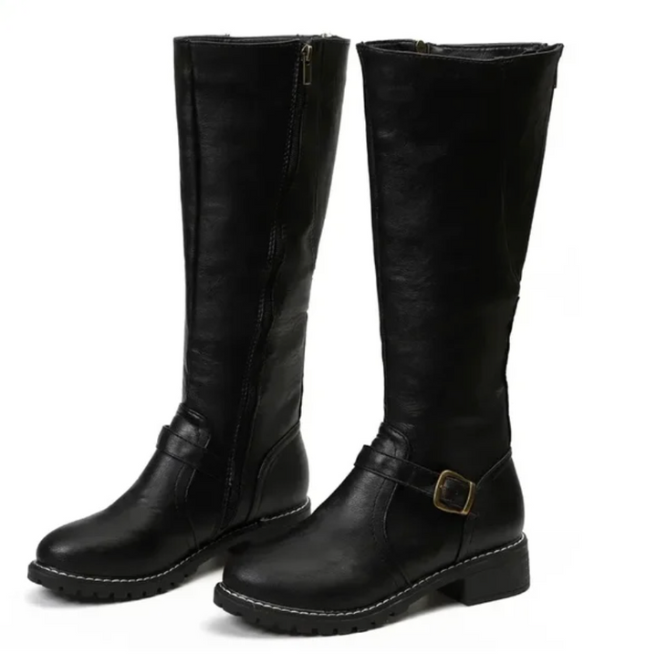 Stylish women's knee-high leather boots featuring a side zipper, perfect for easy wear and elegance.