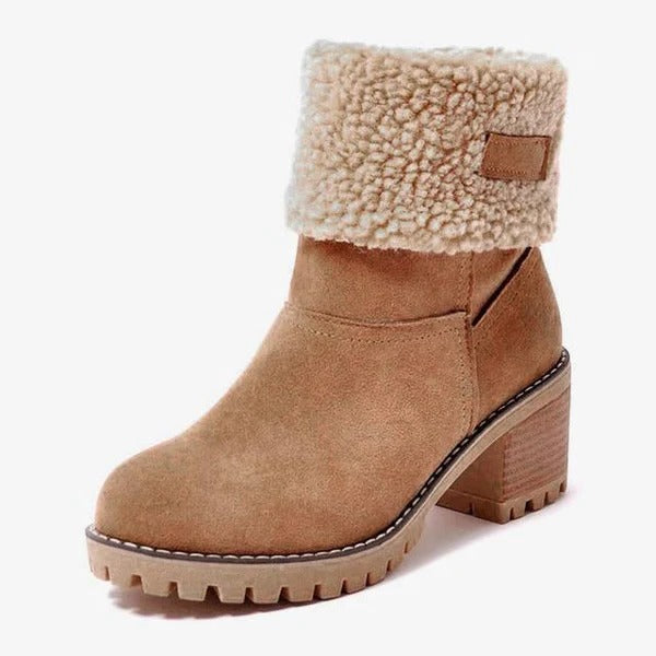 Comfortable women's block heel snow boots, waterproof and warm for cold winter days. Stylish ankle boots with traction.