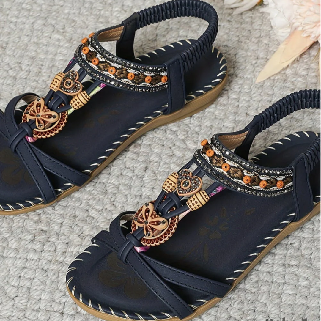 Stylish Women's Bohemian Summer Sandals; comfortable, slip-on beachwear, elegant vacation footwear.