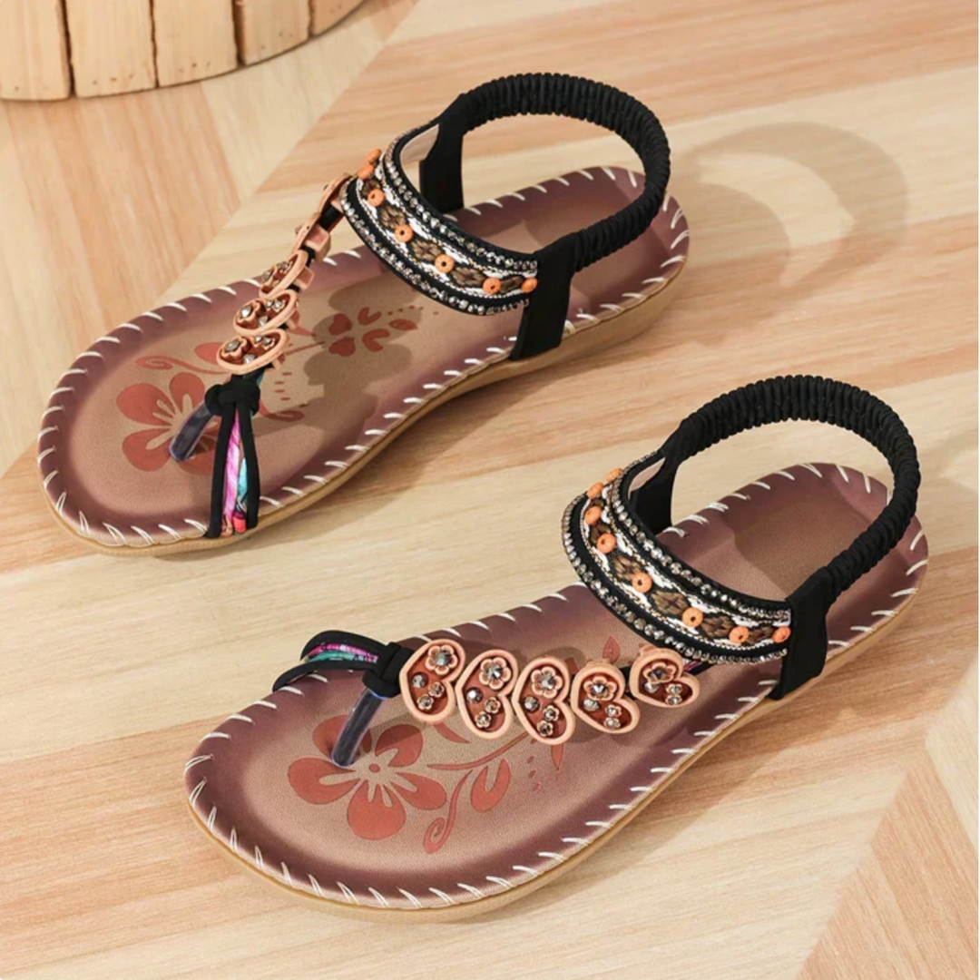 Versatile women's bohemian summer sandals, comfortable slip-on style for beach, casual, and vacation.