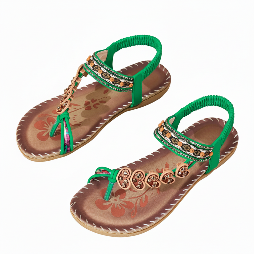 Stylish women's flat sandals, bohemian floral thong style, comfortable for summer and vacation.