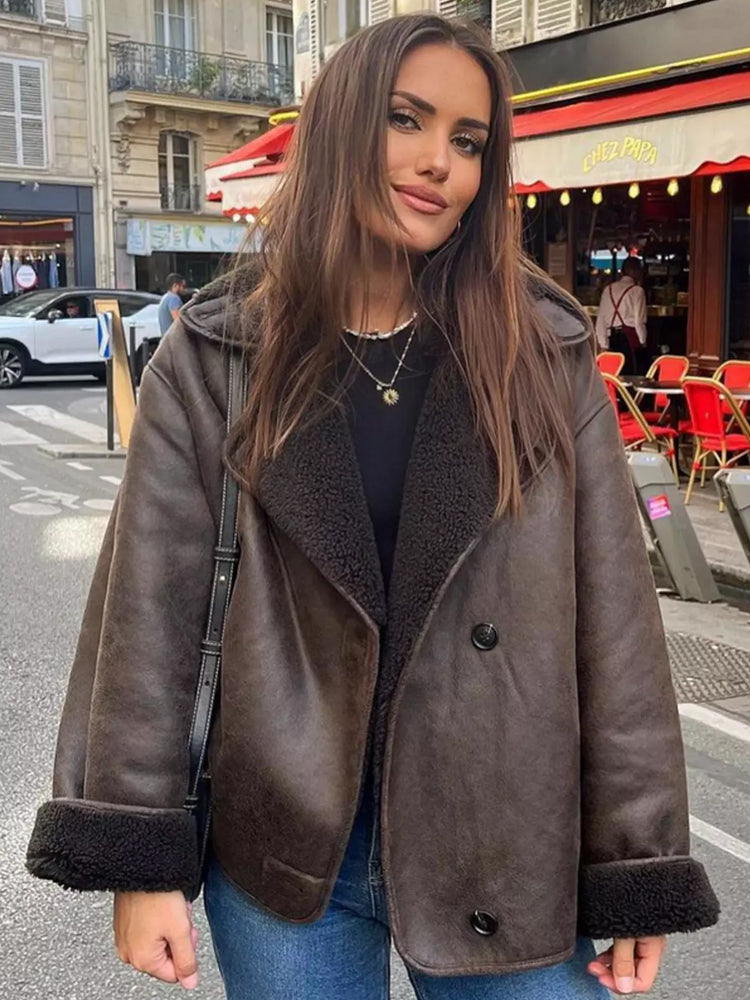 Women's stylish brown double-breasted jacket, perfect for elegant fall and winter outerwear fashion