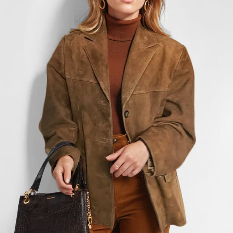 Women's stylish button-down blazer jacket in a tailored fit, perfect for smart casual office wear fashion.