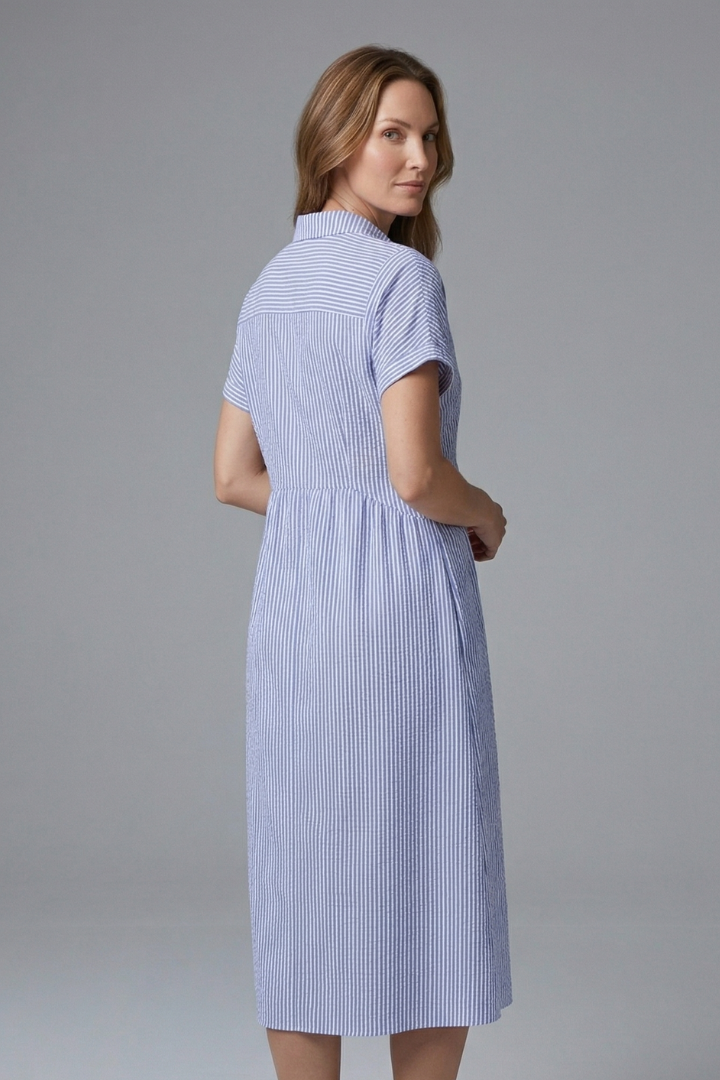 Women's elegant button-down midi dress; a versatile spring/summer outfit.