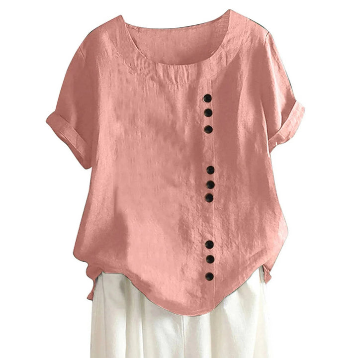 Women's stylish button-up shirt with short sleeves & asymmetrical hem, perfect for casual everyday wear.