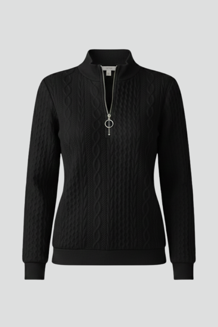 Women's stylish cable knit jumper with zip neck, a cozy sweater for fall and winter fashion.