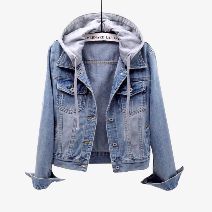 New women's stylish cropped jacket, features a practical detachable hood for versatile wear.