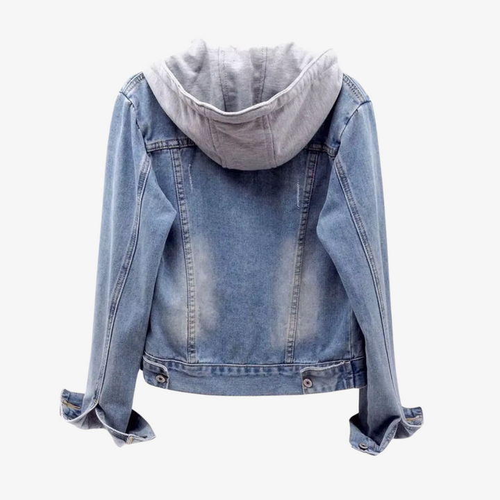 Fashionable women's cropped jacket with a detachable hood, ideal for casual spring & fall outfits.