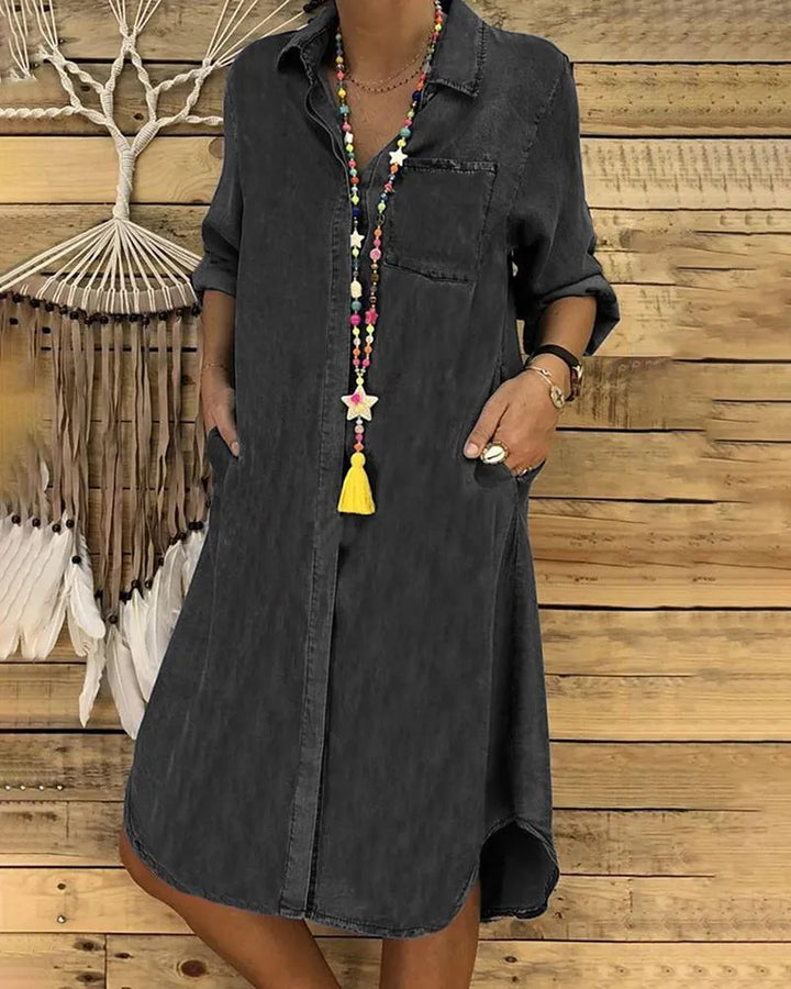 Fashionable women's mini dress with jean-style fabric, button details, and pockets, ideal for spring & summer outfits.
