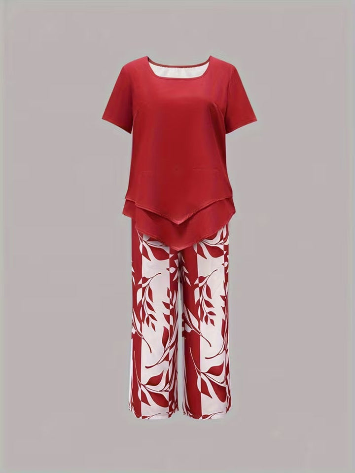 Women's comfortable leaf print two piece set, an ideal choice for a chic and relaxed summer look.