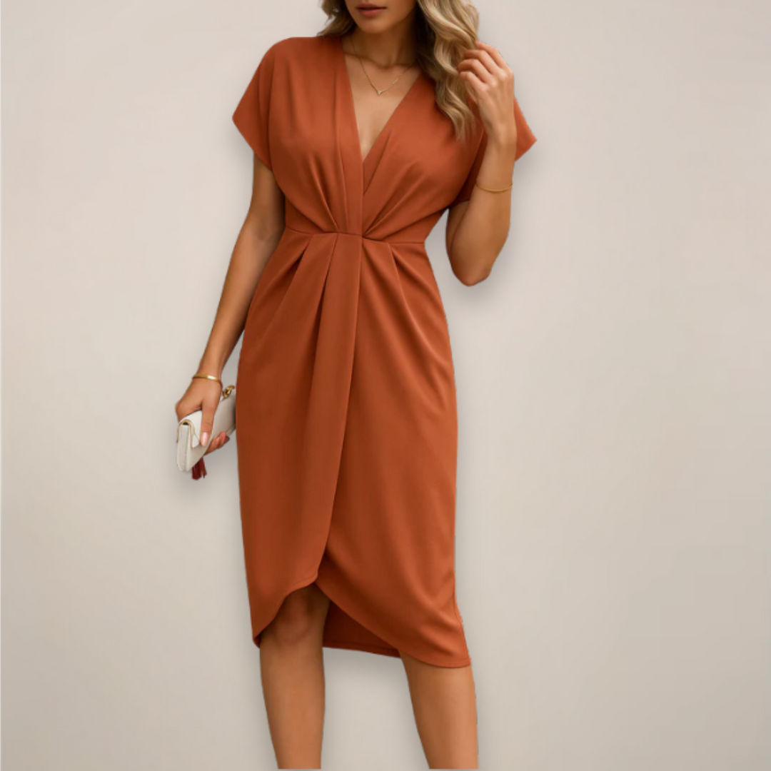 Chic women's wrap midi dress with adjustable fit, flattering for various body types.