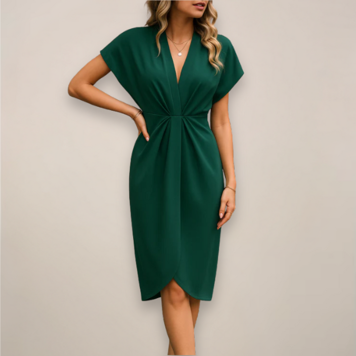 Elegant women's midi wrap dress, ideal for cocktail parties & sophisticated events.