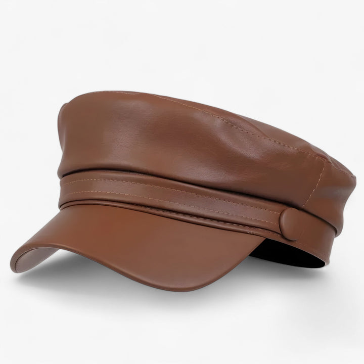 Chic women's octagonal flat cap, a versatile PU leather newsboy hat adding urban style to any look.