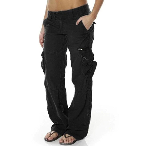 Modern women's utility cargo pants with spacious pockets, offering a relaxed and stylish fit.