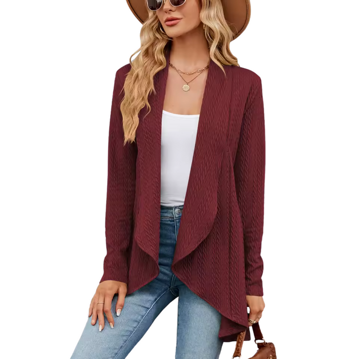 Elegant women's open front cardigan. Long-sleeve knit sweater for fall fashion, perfect for a chic layered look.