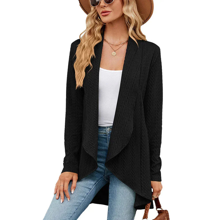 Cozy women's open front cardigan. Soft knit long-sleeve sweater for stylish fall fashion, great for autumn comfort.