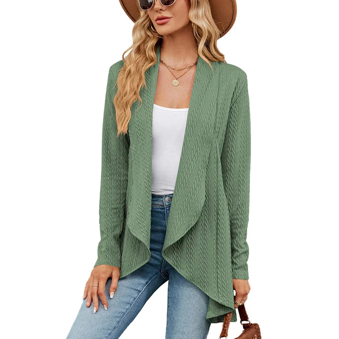 Women's stylish open front cardigan, a fall fashion must-have. Cozy long-sleeve knit sweater for layered autumn outfits.