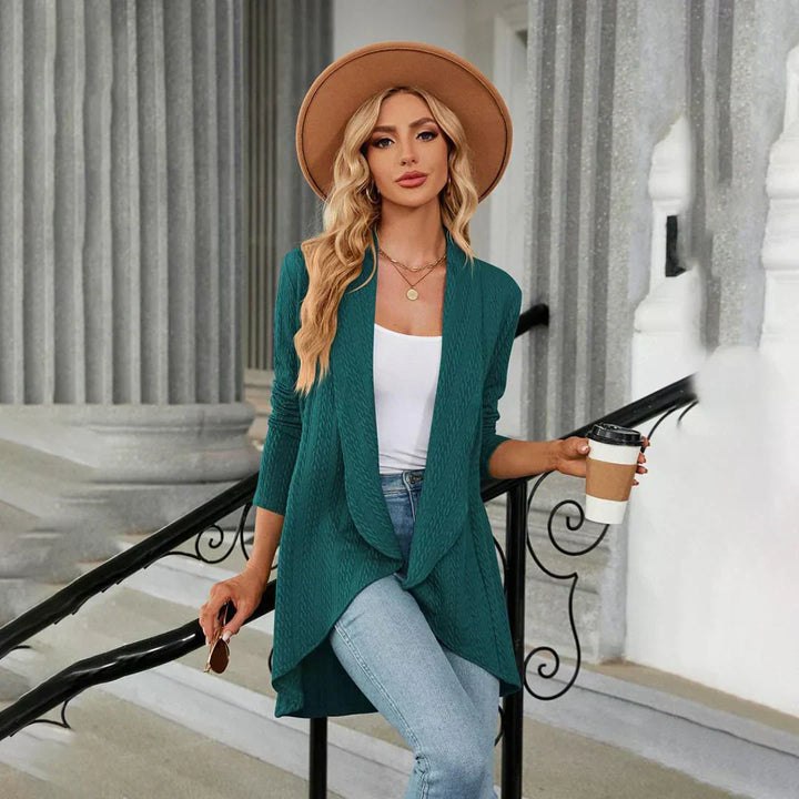 Autumn wear women's open front cardigan. Cozy long-sleeve knit sweater for stylish fall fashion and comfort.