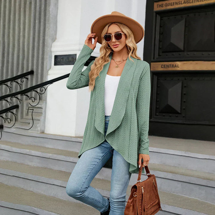 Elegant open front women's cardigan. Versatile long-sleeve knit sweater for chic fall fashion & layered looks.