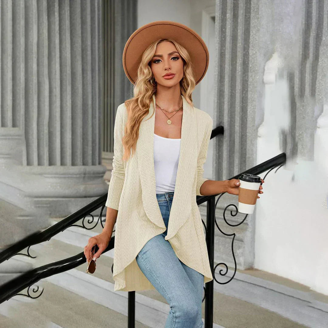 Stylish open front cardigan for women. Cozy long-sleeve knit sweater, a versatile addition to fall fashion.