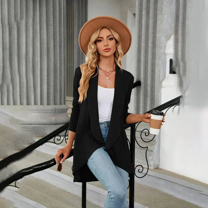 Cozy long-sleeve open front cardigan for women. Ideal for stylish fall fashion, versatile autumn wear.