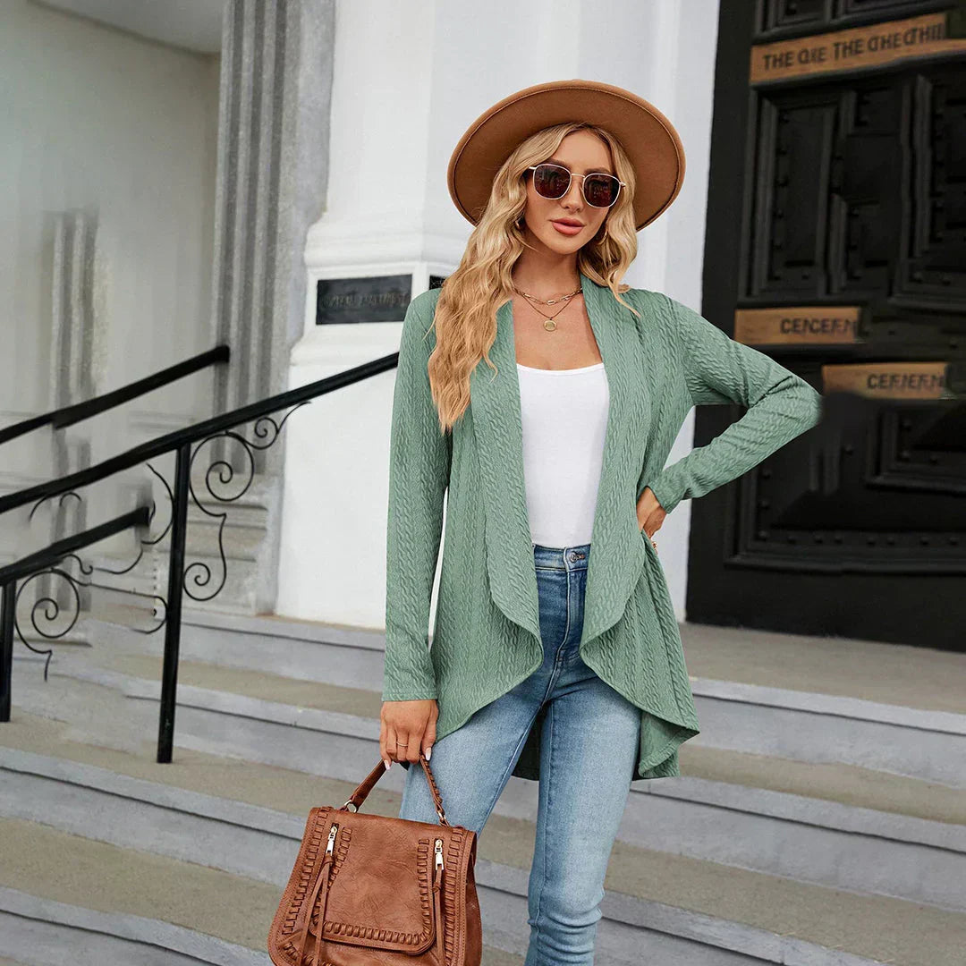 Cozy women's open front cardigan, essential for fall fashion. Long-sleeve knit sweater offers ultimate autumn comfort.