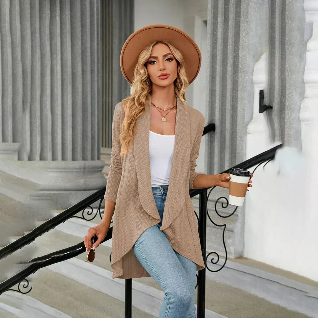 Versatile women's open front cardigan. Elegant long-sleeve knit sweater, perfect for fall fashion & layered looks.