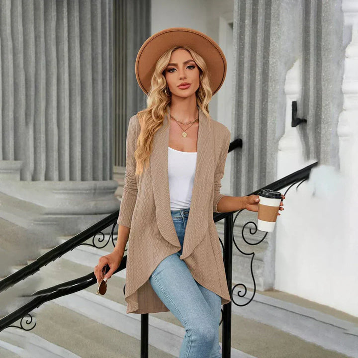 Versatile women's open front cardigan. Elegant long-sleeve knit sweater, perfect for fall fashion & layered looks.