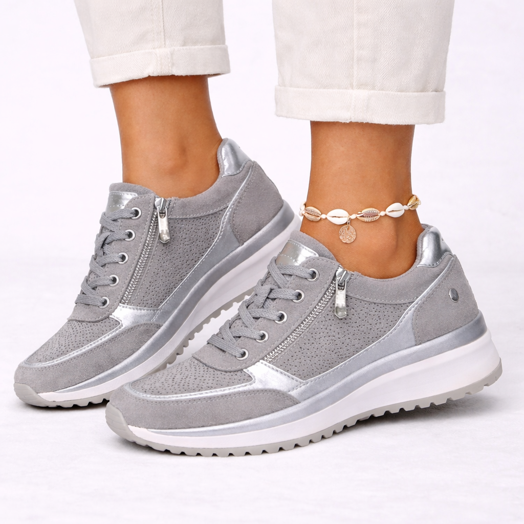 Women's stylish orthopedic wedge sneakers, offering comfortable support for walking & casual fashion. Modern breathable footwear.