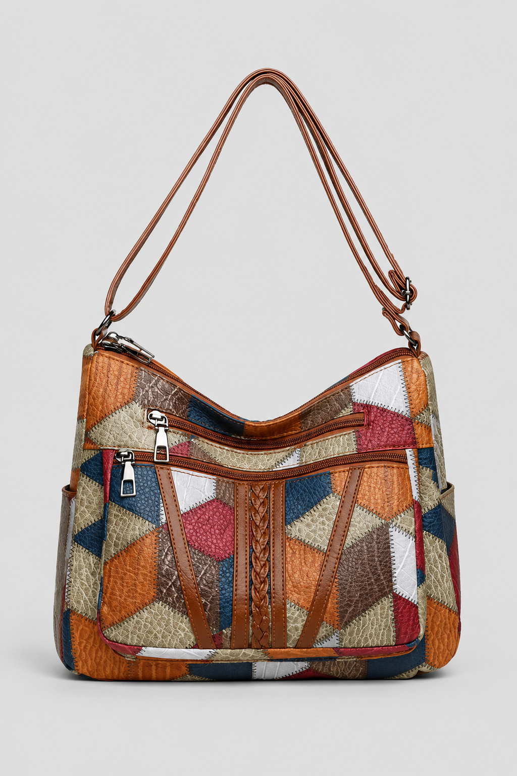 Women's stylish patchwork shoulder bag, a unique fashion handbag with an artistic design for everyday casual chic.
