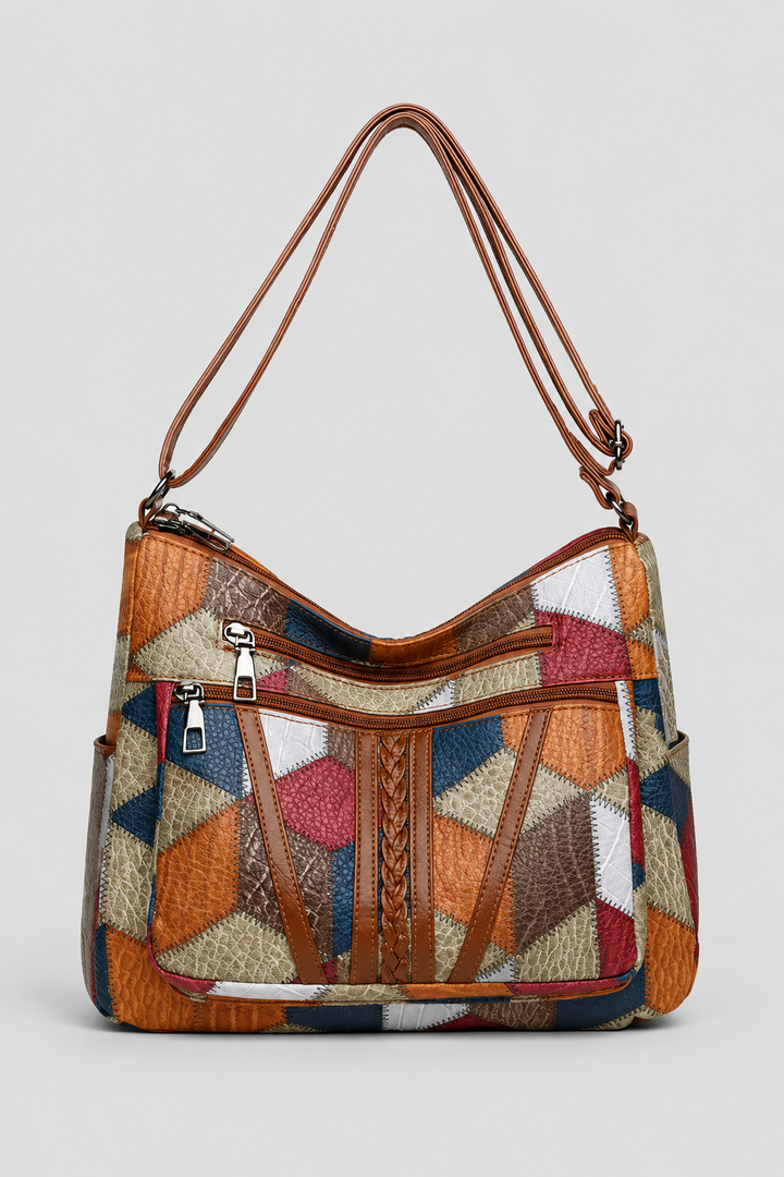 Women's stylish patchwork shoulder bag, a unique fashion handbag with an artistic design for everyday casual chic.
