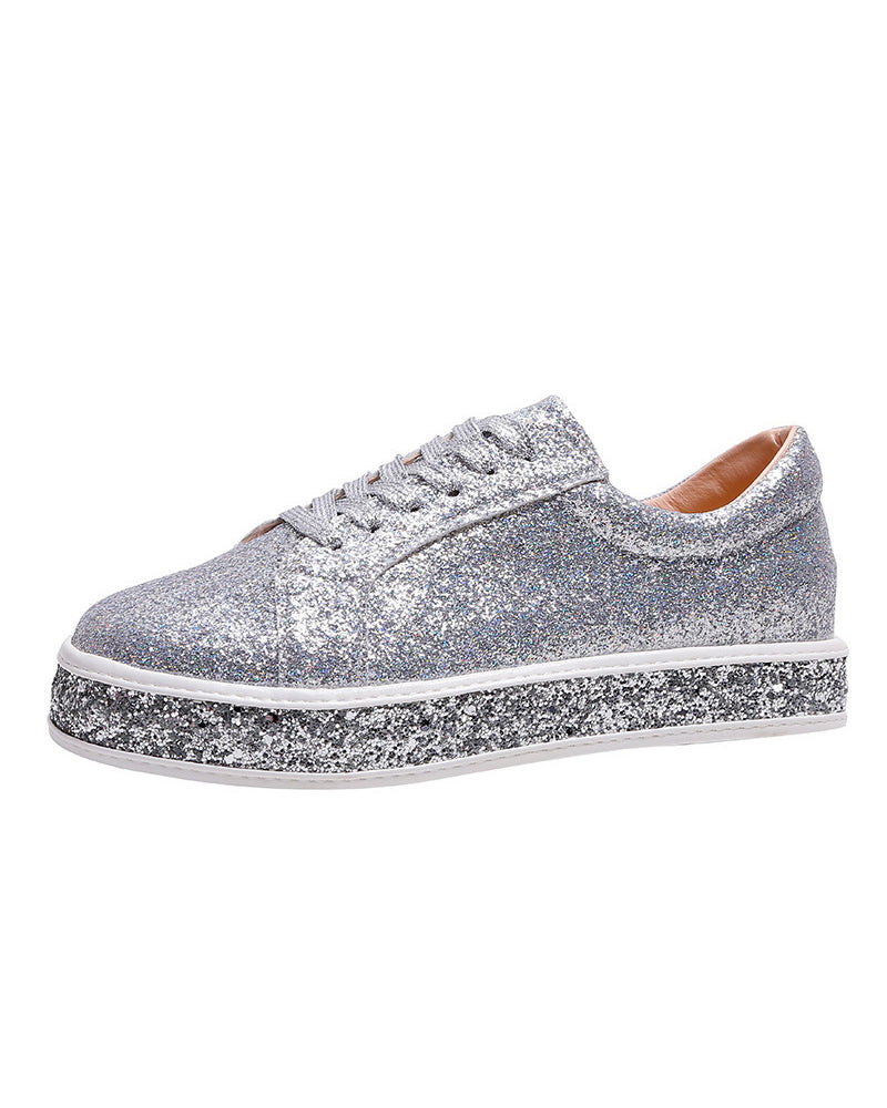Unique women's glitter platform sneakers, combining trendy style, all-day comfort, and sparkling fashion.