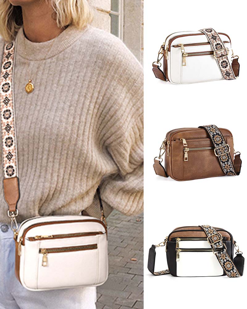 Women's stylish PU leather crossbody bag, black, with adjustable strap & front zipper pocket