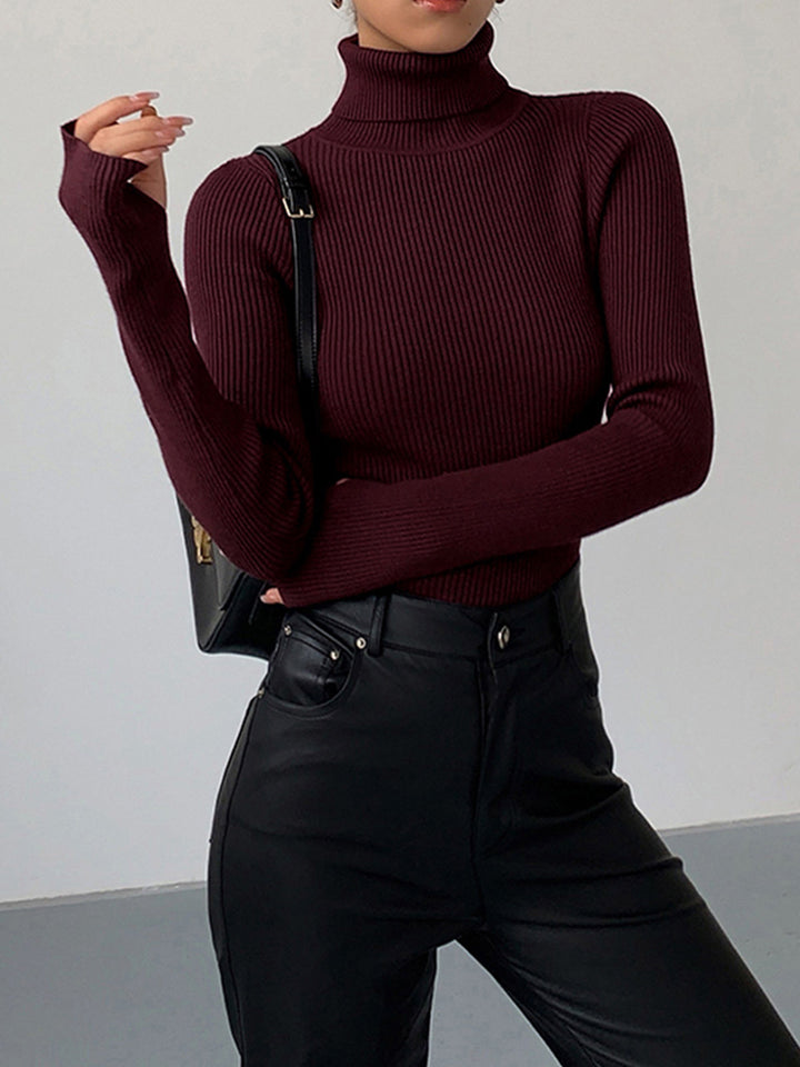 Women's stylish ribbed turtleneck sweater in a deep burgundy color, perfect for fall and winter fashion.