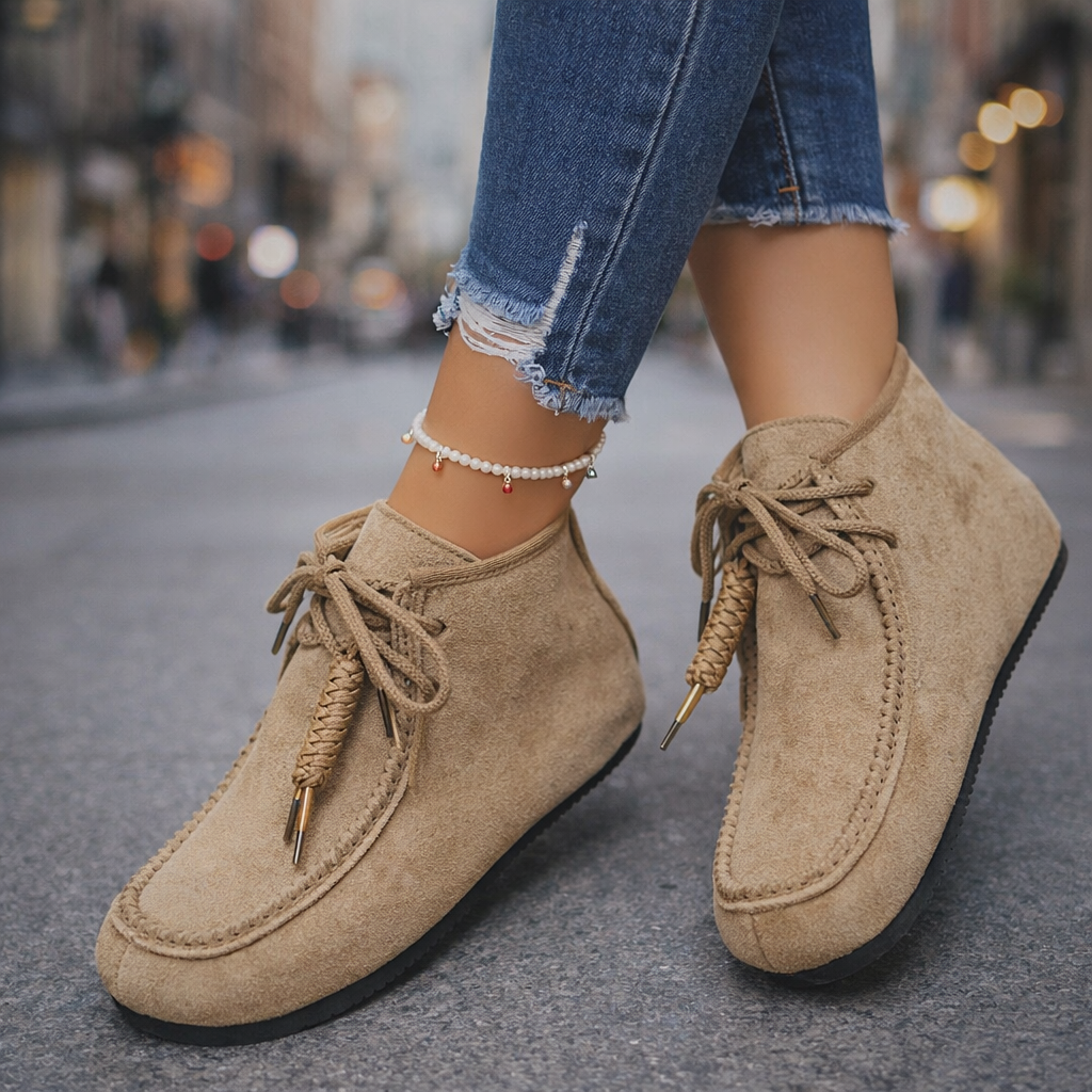 Close-up of the soft suede texture on women's lace-up ankle boots, ideal footwear