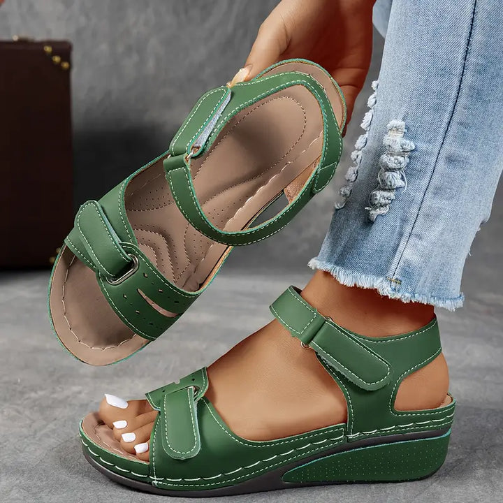 Comfortable women's orthopedic wedge sandals with arch support for foot pain relief & all-day wear.
