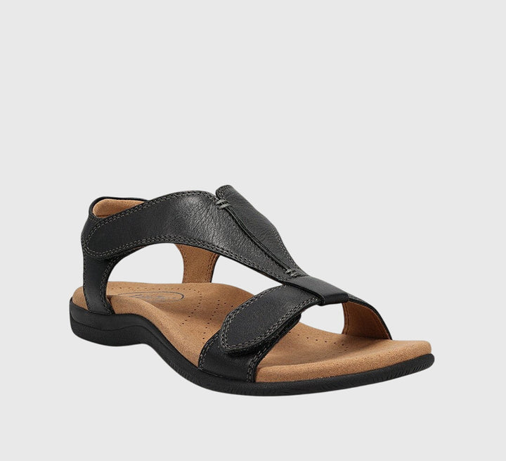 Women's T-Bar orthopedic comfort flat sandals with adjustable straps & arch support.