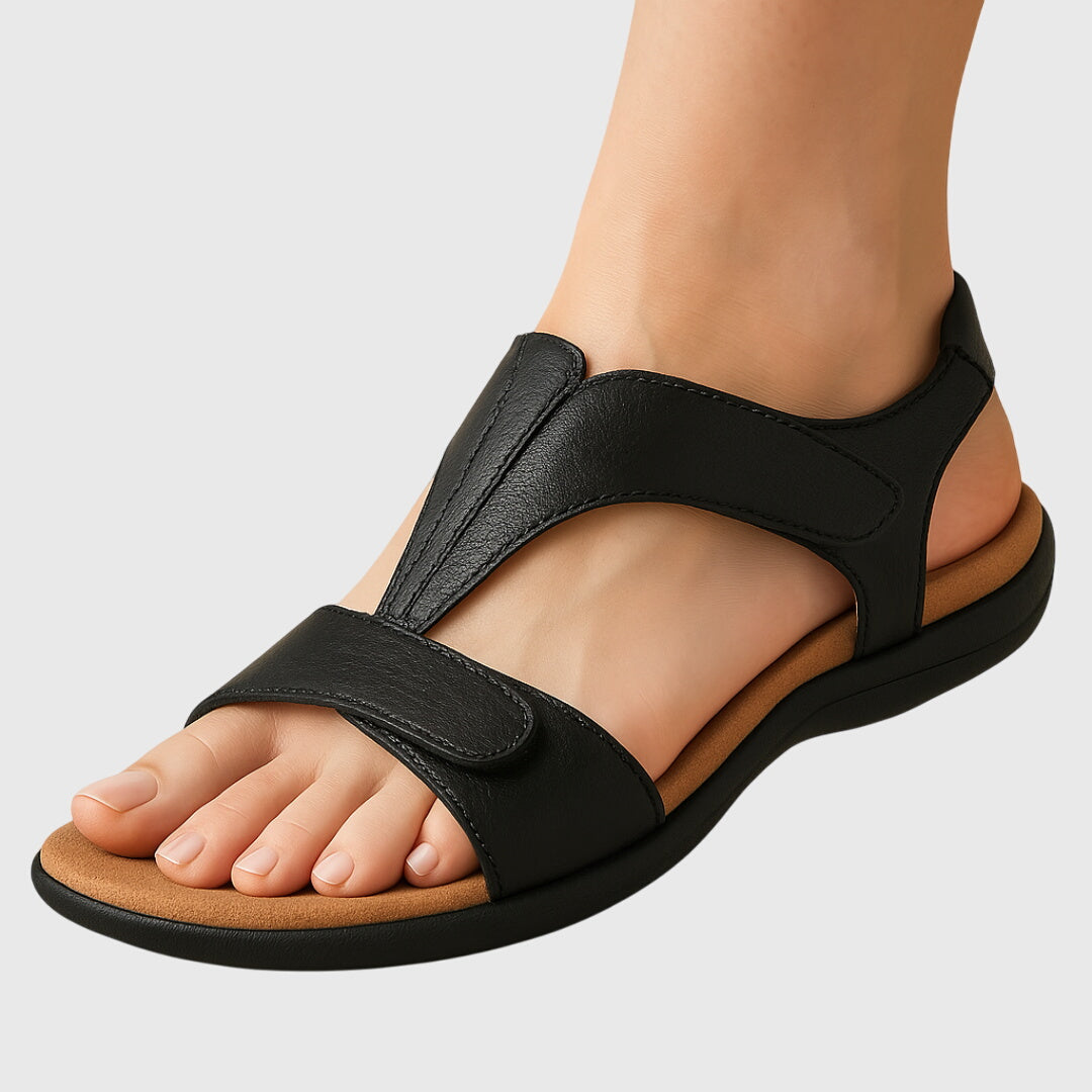 Women's T-Bar comfort sandals, flat with orthopedic arch support and adjustable straps.