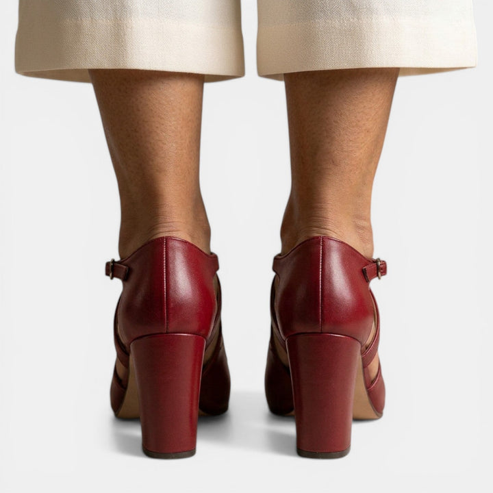 Classic T-Strap High Heel Sandals for women, featuring a stylish round toe and adjustable buckle closure.
