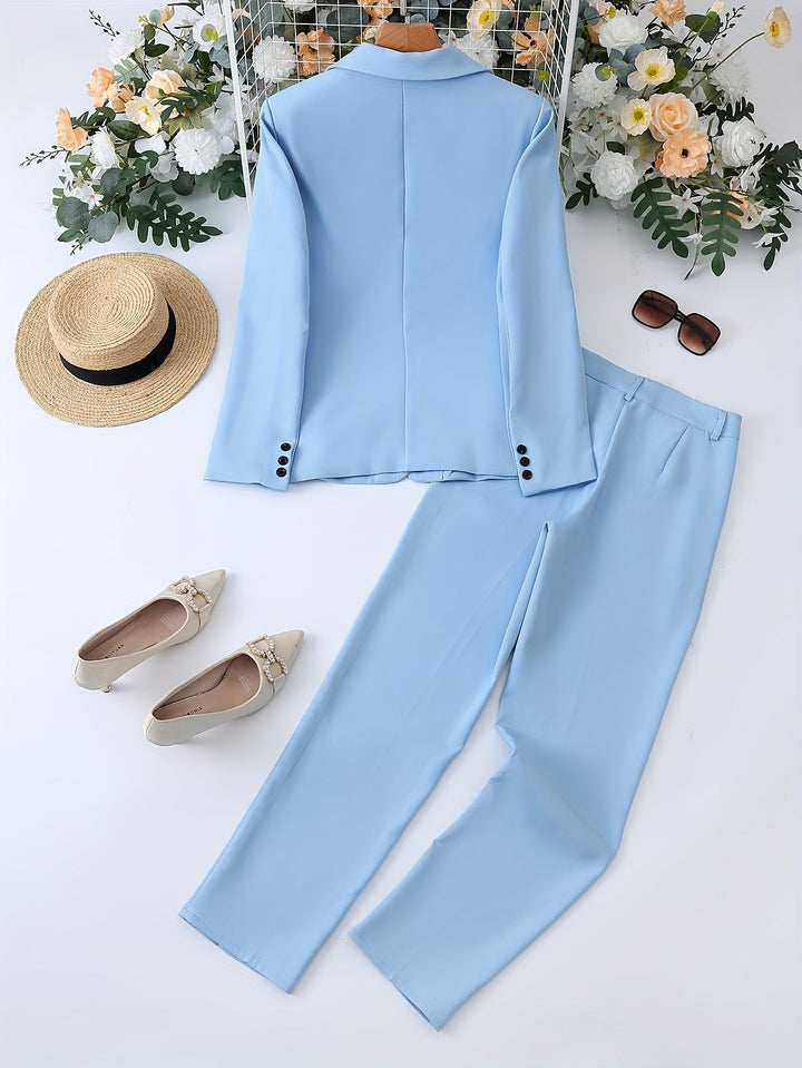New women's tailored notched lapel blazer & pant set, ideal for chic professional office & smart casual wear.